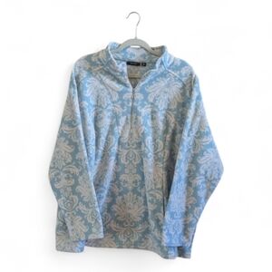 Susan Graver Blue and White Patterned Long Sleeve 1/4 Zip Brocade-print Fleece